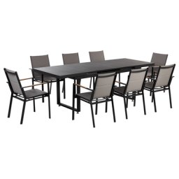 Gartenmöbel Set 9-teilig Schwarz Aluminium Ausziehtisch 180 / 240 x 90 cm Latten-Tischplatte Rechteckig mit 8 Stühlen Bespannung Grau Stapelbar