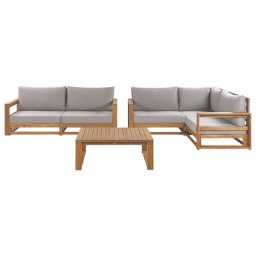 Gartensofa Set mit Couchtisch Hellbraun Akazienholz Auflagen Taupe Retro Landhaus Stil 2-Sitzer Sofa und Ecksofa mit Tisch Terrasse Outdoor