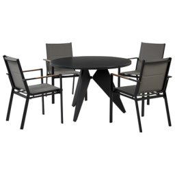 Gartenmöbel Set 5-teilig Schwarz Aluminium Tisch ⌀ 110 cm Rund Keramikplatte mit 4 Stühlen Bespannung Grau Stoff Stapelbar Terrasse Outdoor