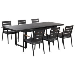 Gartenmöbel Set 7-teilig Schwarz Aluminium Ausziehtisch 180 / 240 x 90 cm Latten-Tischplatte Rechteckig mit 6 Stühlen Auflagen Grau Stapelbar