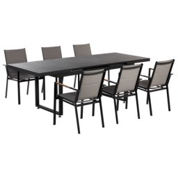 Gartenmöbel Set 7-teilig Schwarz Aluminium Ausziehtisch 180 / 240 x 90 cm Latten-Tischplatte Rechteckig mit 6 Stühlen Bespannung Grau Stapelbar