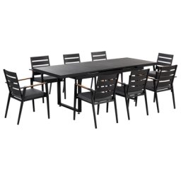 Gartenmöbel Set 9-teilig Schwarz Aluminium Ausziehtisch 180 / 240 x 90 cm Latten-Tischplatte Rechteckig mit 8 Stühlen Auflagen Grau Stapelbar