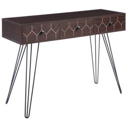 Konsolentisch Dunkler Holzfarbton und Schwarz Faserplatte Metallgestell Haarnadelbeine 3 Schubladen Rechteckig Schmal Schlafzimmer Wohnzimmer