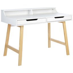 Schreibtisch Weiß / Heller Holzfarbton MDF-Platte mit Melaminbeschichtung 110 cm 2 Schubladen Aufsatz für Kinderzimmer Arbeitszimmer Büro