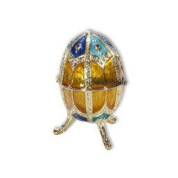 Spieluhren-Schmuck-Ei blau und goldfarben mit Spieluhr nach Faberge-Art aus emailiertem Metall
