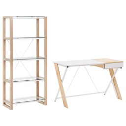 Büromöbel-Set Weiß / Heller Holzfarbton 2-teilig Schreibtisch & Bücherregal Modern Skandi Arbeitszimmer Büro Heimbüro Komplett-Set Home Office