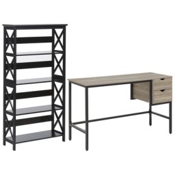 Büromöbel-Set Schwarz / Heller Holzfarbton 2-teilig Schreibtisch & Bücherregal Modern Arbeitszimmer Büro Heimbüro Komplett-Set Home Office
