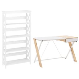 Büromöbel-Set Weiß / Heller Holzfarbton 2-teilig Schreibtisch & Bücherregal Modern Skandi Arbeitszimmer Büro Heimbüro Komplett-Set Home Office
