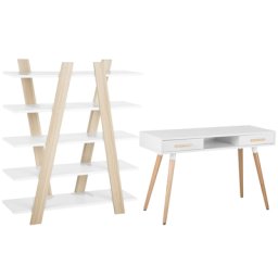 Büromöbel-Set Weiß / Heller Holzfarbton 2-teilig Schreibtisch & Bücherregal Modern Skandi Arbeitszimmer Büro Heimbüro Komplett-Set Home Office