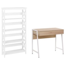 Büromöbel-Set Weiß / Heller Holzfarbton 2-teilig Schreibtisch & Bücherregal Modern Skandi Arbeitszimmer Büro Heimbüro Komplett-Set Home Office