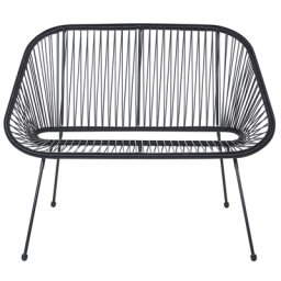 Gartenbank Schwarz Rattan 114 cm mit Metallgestell 2-Sitzer Spaghetti-Look Rattanbank Boho Outdoor Außenbereich Innenbereich Indoor Sitzmöbel