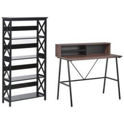 Büromöbel-Set Schwarz / Dunkler Holzfarbton 2-teilig Schreibtisch & Bücherregal Modern Arbeitszimmer Büro Heimbüro Komplett-Set Home Office