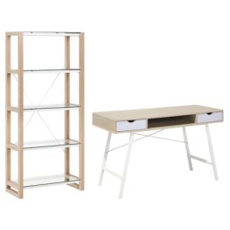 Büromöbel-Set Weiß / Heller Holzfarbton 2-teilig Schreibtisch & Bücherregal Modern Skandi Arbeitszimmer Büro Heimbüro Komplett-Set Home Office