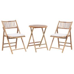 Balkonset Hellbraun Bambusholz Tisch Rund 57 cm mit 2 Klappbaren Stühlen Auflagen Cremeweiß Landhaus Stil Terrasse Balkon Garten Möbel