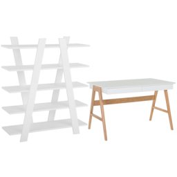 Büromöbel-Set Weiß / Heller Holzfarbton 2-teilig Schreibtisch & Bücherregal Modern Skandi Arbeitszimmer Büro Heimbüro Komplett-Set Home Office