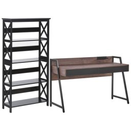 Büromöbel-Set Schwarz / Dunkler Holzfarbton 2-teilig Schreibtisch & Bücherregal Modern Arbeitszimmer Büro Heimbüro Komplett-Set Home Office