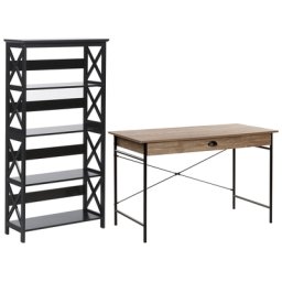 Büromöbel-Set Schwarz / Dunkler Holzfarbton 2-teilig Schreibtisch & Bücherregal Modern Arbeitszimmer Büro Heimbüro Komplett-Set Home Office