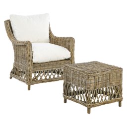 Gartensessel Natürlich Rattan mit Hocker 2 Auflagen Cremeweiß Baumwolle Terrasse Balkon Außen Wohnzimmer Gartenzubehör im Retro Stil