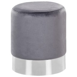 Pouf Grau Samt Silber Metall rund Flur Wohnzimmer Salon Schlafzimmer Deko Sitzhocker