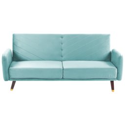 Sofa Hellblau Samtstoff 3-Sitzer mit Schlaffunktion Armlehnen Holzbeinen Retro Glamourös Wohnzimmer Couch Schlafsofa