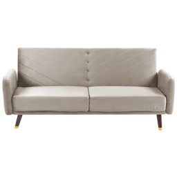 Sofa Taupe Samtstoff 3-Sitzer mit Schlaffunktion Armlehnen Holzbeinen Retro Glamourös Wohnzimmer Couch Schlafsofa