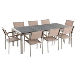 Gartenmöbel Set Schwarz Beige Granit Edelstahl Tisch 220 cm Geflammt 8 Stühle Terrasse Outdoor Modern