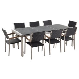 Gartenmöbel Set Schwarz Granit Edelstahl Tisch 220 cm Geflammt 8 Rattanstühle Terrasse Outdoor Modern