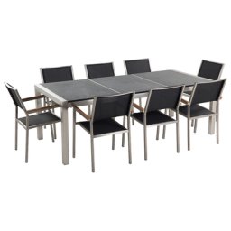 Gartenmöbel Set Schwarz Granit Edelstahl Tisch 220 cm Geflammt 8 Stühle Terrasse Outdoor Modern