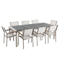 Gartenmöbel Set Schwarz Weiß Granit Edelstahl Tisch 220 cm Geflammt 8 Stühle Terrasse Outdoor Modern