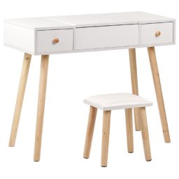 Schminktisch Set Weiß Holzplatte Holzbeine Hochklappbarer Spiegel mit Ablage und 2 Schubladen