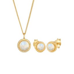 Elli PREMIUM Elli PREMIUM Schmuckset Mondstein Rund Blüte Boho 925 Sterling Silber Schmuck-Set Damen