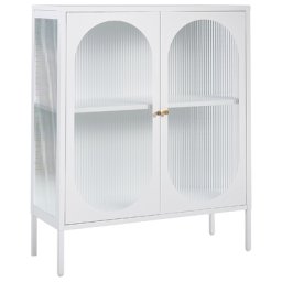 Glasvitrine Metallschrank Weiß Stahl 90 x 35 x 111 cm mit 2 Türen Glasfront und -seiten geräumig Wohnzimmermöbel Retro Still