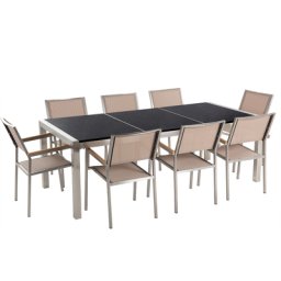 Gartenmöbel Set Schwarz Beige Granit Edelstahl Tisch 220 cm Poliert 8 Stühle Terrasse Outdoor Modern