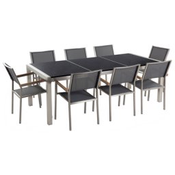 Gartenmöbel Set Schwarz Grau Granit Edelstahl Tisch 220 cm Poliert 8 Stühle Terrasse Outdoor Modern