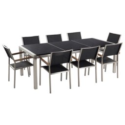 Gartenmöbel Set Schwarz Granit Edelstahl Tisch 220 cm Poliert 8 Stühle Terrasse Outdoor Modern