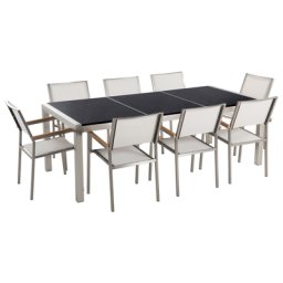 Gartenmöbel Set Schwarz Weiß Granit Edelstahl Tisch 220 cm Poliert 8 Stühle Terrasse Outdoor Modern