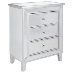 Sideboard mit 3 Schubladen Silber, Spiegelglas, Holzbeine Kristallknopf Schrank Glam Design