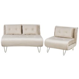 Sofa 3-Sitzer Set Helles Beige Samtstoff Sitzgruppe Schlaffunktion Verstellbare Rückenlehne Zierkissen Modern Wohnzimmer