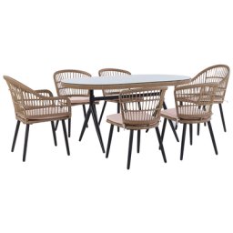 Gartenset Hellbraun u. Rosa Polyrattan Polyester 6-Sitzer Tisch 6 Stühle Garten Terrasse Outdoor Modern