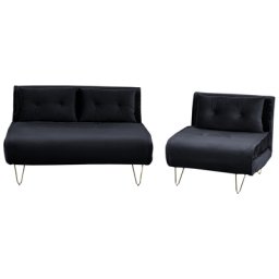Sofa 3-Sitzer Set Schwarz Samtstoff Sitzgruppe Schlaffunktion Verstellbare Rückenlehne Zierkissen Modern Wohnzimmer