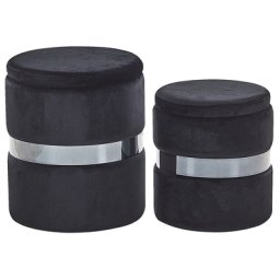 Pouf Schwarz Samt mit Stauraum rund glänzendes Metall Flur Wohnzimmer Salon Schlafzimmer Deko Sitzhocker