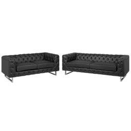 Sofa Set Schwarz Kunstleder Sitzgruppe Chesterfield Stil Glamourös Wohnzimmer