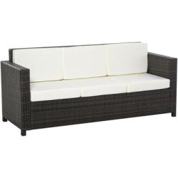 Poly-Rattan Sofa mit Kissen 3-Sitzer Garten Loungesofa Metall Polyester Braun+Weiß 185 x 70 x 80 cm