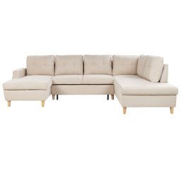 Sofa mit Schlaffunktion Beige Leinen U-Form Ecksofa mit Stauraum 4-Sitzer Schlafsofa für Wohnzimmer