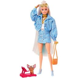 Barbie Anziehpuppe Extra, (blond) mit hellblauem Rock & Jacke, Hund & Zubehör