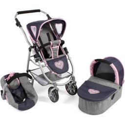 CHIC2000 Kombi-Puppenwagen Emotion All In 3in1, Grau-Navy, inkl. Babywanne, Babyschale und Sportwagenaufsatz