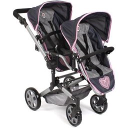 CHIC2000 Puppen-Zwillingsbuggy Linus Duo, Grau-Navy, mit zwei abnehmbaren, bis in Liegeposition verstellbaren Sportsitzen