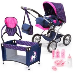 Bayer Kombi-Puppenwagen Grande, Blau/Pink, (Set), mit Reisebett und vielen Puppenutensilien
