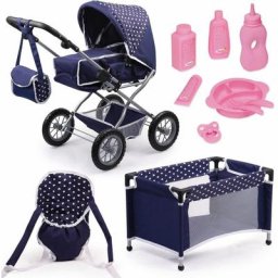 Bayer Kombi-Puppenwagen Grande, Blau/Weiß, (Set), mit Puppenbett und Puppenzubehör