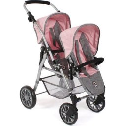 CHIC2000 Puppen-Zwillingsbuggy Twinny, Grau-Rosa, mit schwenkbaren Vorderrädern
